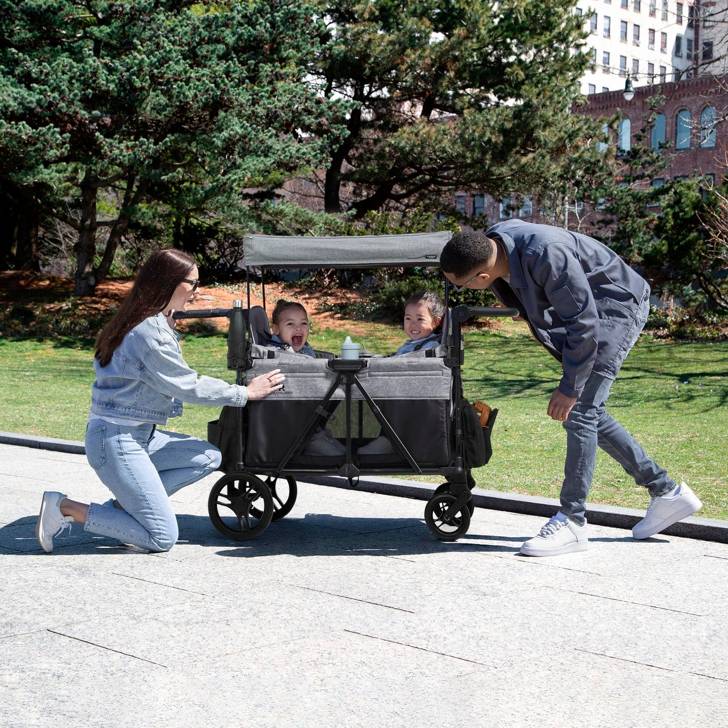 Delta Children - Jeep Aries Stroller Wagon - Premium Wagon for 2 Kids with Convertible Seats, Adjustable Push/Pull Handles, Removable Canopy & Flat Fold - Greenguard Gold Certified, Grey