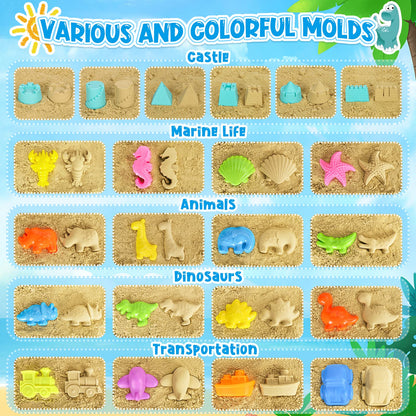 FHOZGECY Beach Toys, Sand Toys for Kids Boys and Girls with 2 Construction Vehicle, 2 Collapsible Bucket, Sand Castle Building Kit, Sand Molds, Mesh Bag, Outdoor Toys for Kids Ages 4-8