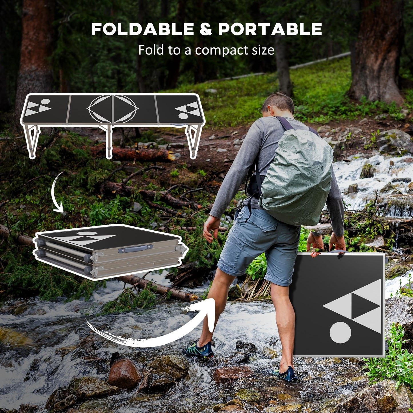 8ft Portable Beer Pong Table with Adjustable Legs, Folding Camping Table, Aluminum Picnic Table, for Party, Travel, BBQ, Beach, Black and White