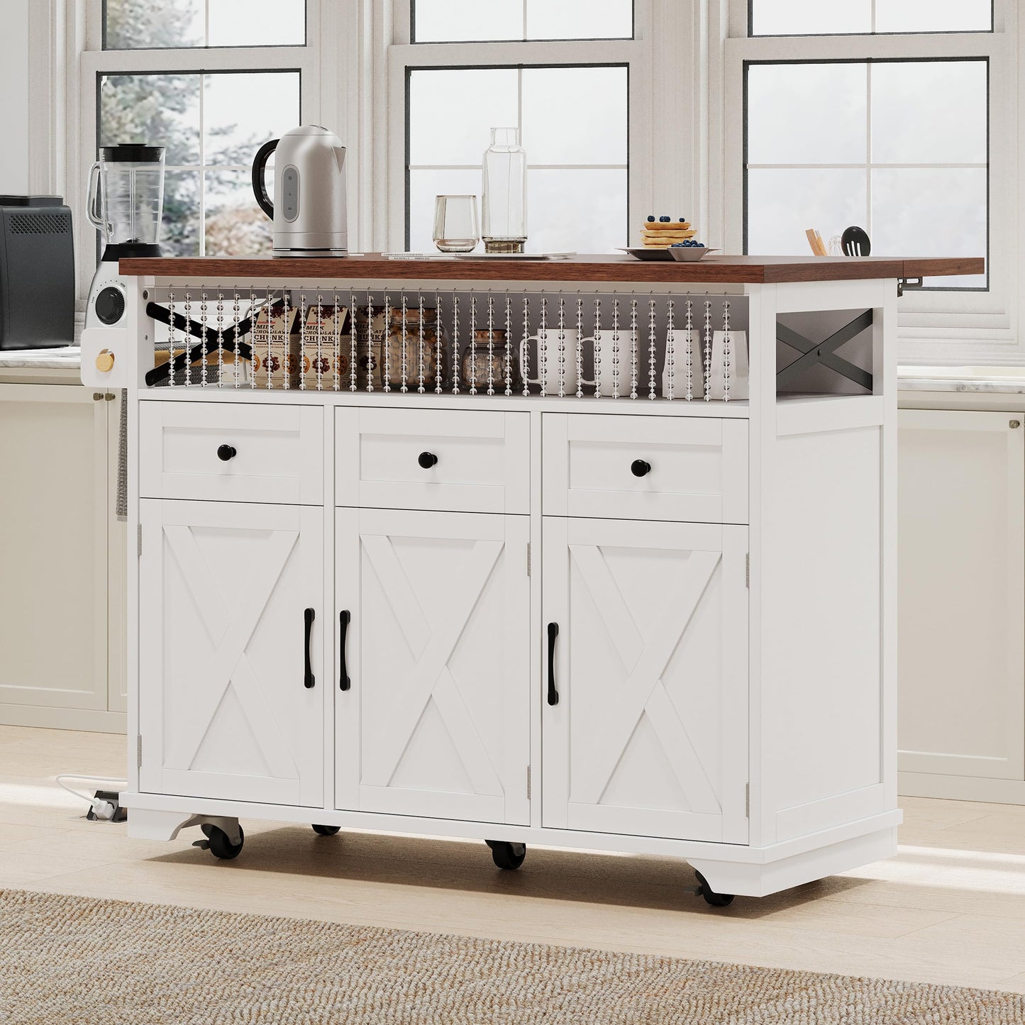 Bellemave 46.5" Farmhouse Kitchen Island cart with Charging Station and with Drape of Beads, Rolling Kitchen Island Table with Drop-Leaf, 3 Drawers, White