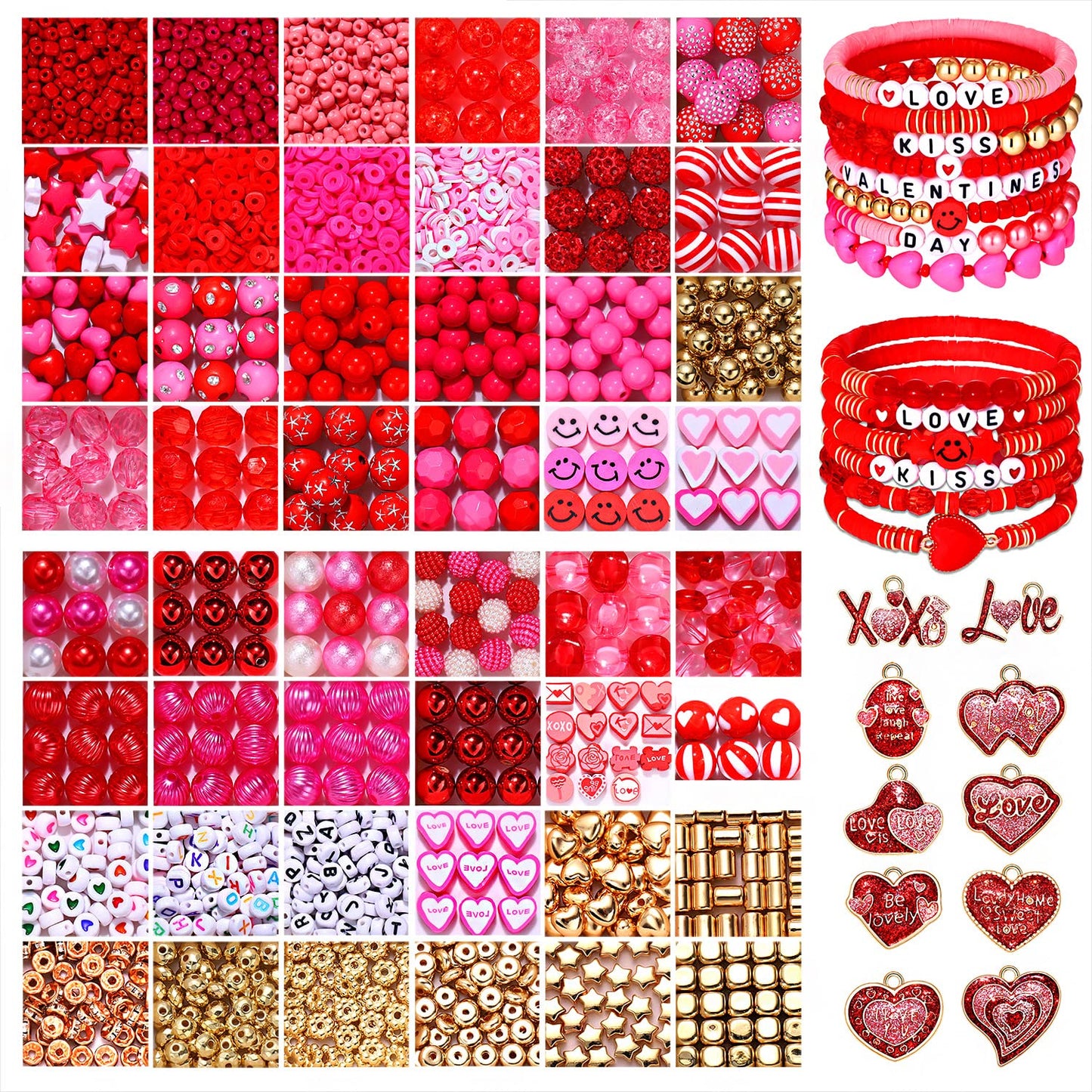 2500PCS+ Valentine’s Day Beads for Jewelry Making, Pink Red Polymer Clay Beads, Assorted Pearl Crystal Heart Bead Letter Spacer Bead and Sweet Heart Charms for Bracelet Necklace Making DIY Crafts
