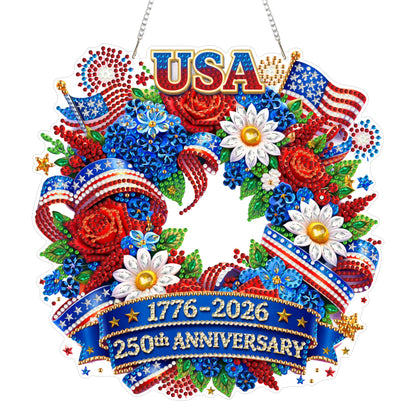 Eiflow 250th Anniversary Diamond Art Hanging Kit for Adults, DIY Diamonds Painting Door Hanger Board Kit, Special Acrylic Diamond Art Painting Pendant Ornament (4th of July Wreath)