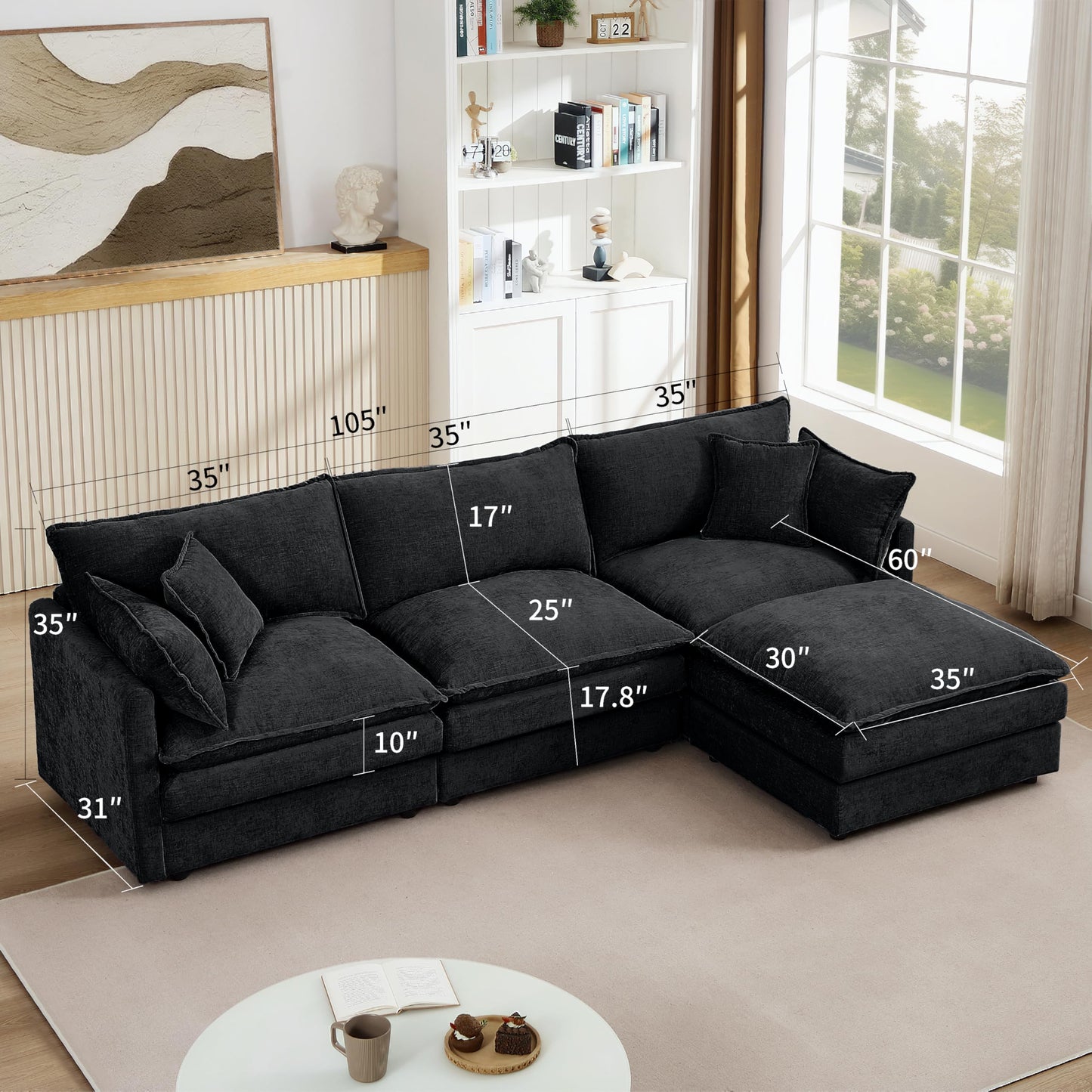 Eafurn Oversized Reversible Modular Sectional Sofa with Movable Ottoman, 4 Seater Convertible L Shaped Corner Couch Modern Chenille Sofa Set w/Double Layers Seat Cushions for Living Room Apartment