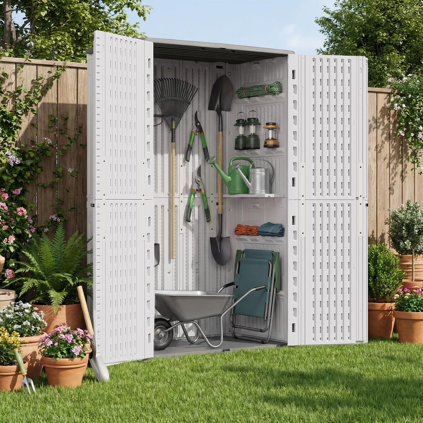 UDPATIO 67 Cu.Ft Resin Outdoor Storage Shed, Patio Plastic Vertical Sheds with Floor, Waterproof Bin Shed Horizontal Storage Cabinet for Patio, Backyards, Garden, Pool, Tool Shed