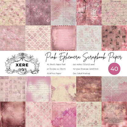 XERE 40 Sheets Pink Scrapbook Paper, 6x6 Ephemera Pattern Paper Pack for Journaling Notebooks, Sketchbook, Bookmark Making, Junk Journal, Scrapbook Art Supplies