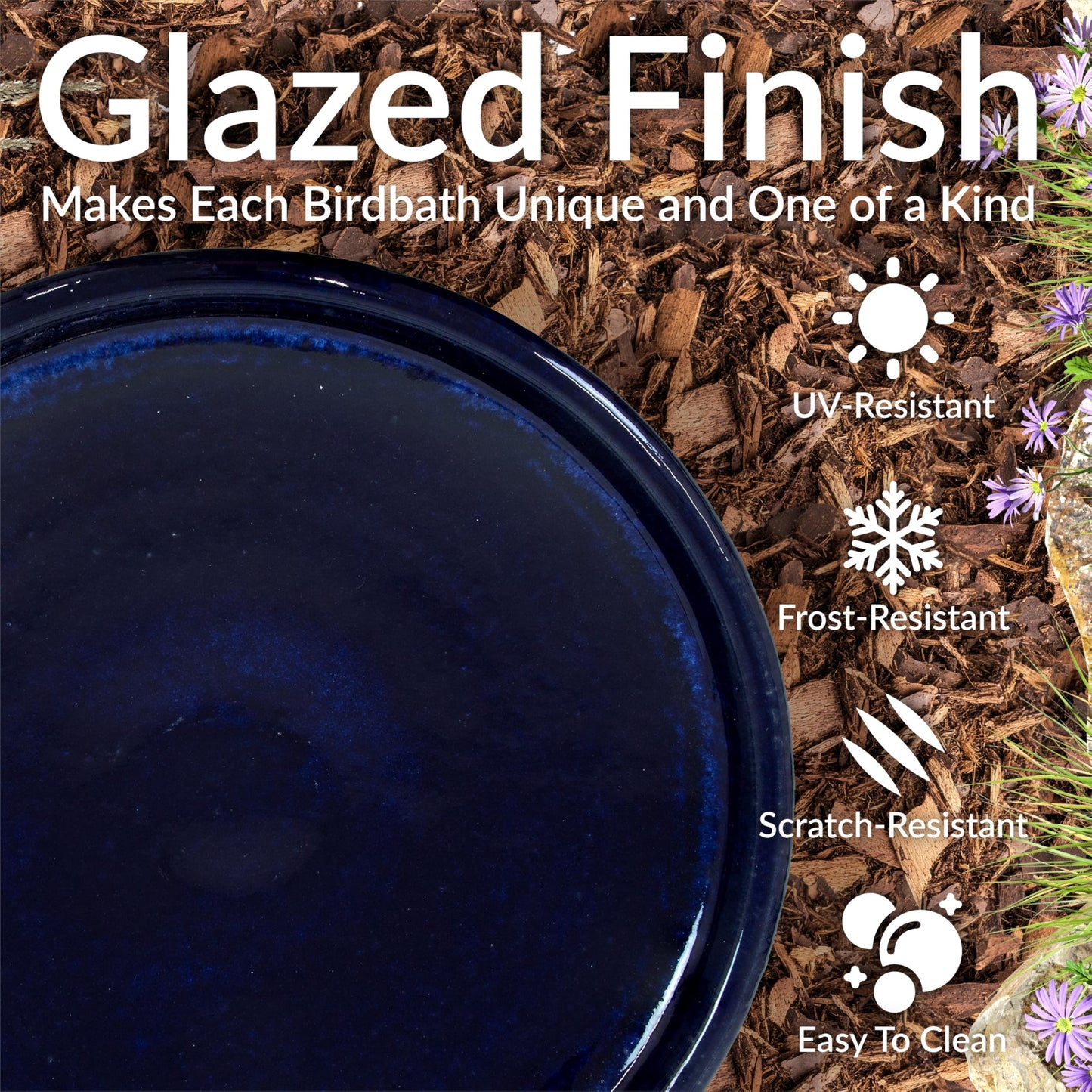 Sunnydaze 21" H Ceramic Bird Bath for Outside - Hand-Painted Outdoor Bird Bath Bowl, UV/Frost-Resistant Finish - Midnight Blue