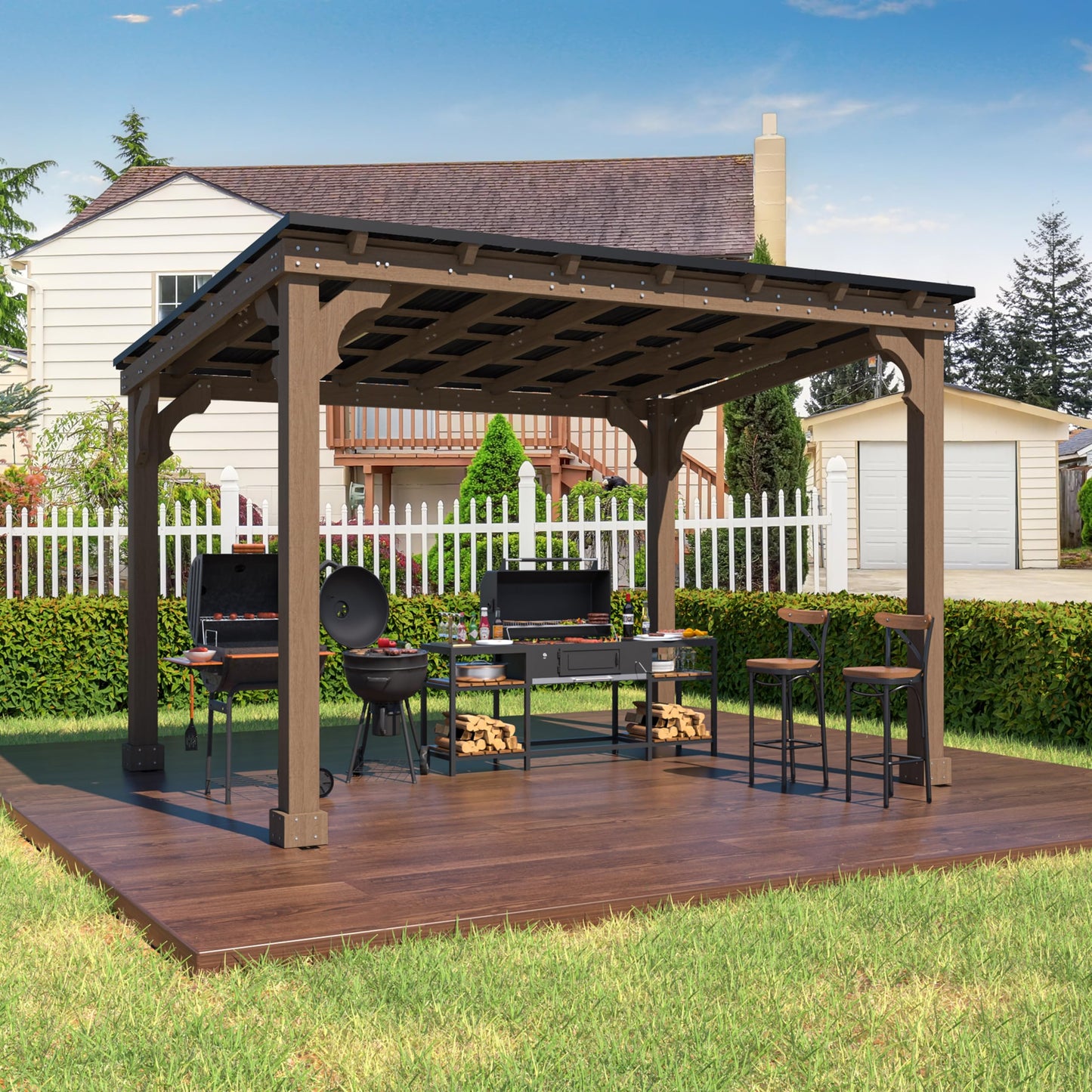 Yardenaler 10 x 12 FT Outdoor Wooden Grill Gazebo with 5.5" Width Wood Posts, Rainwater Drainage, BBQ Gazebo with Sloping Metal Roof for Barbecue, Backyard, Garden, Light Mocha Brown