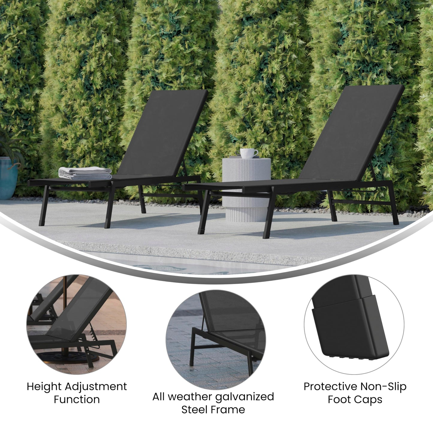 EMMA + OLIVER Braelin Adjustable Patio Chaise Lounge - Black Textilene Seat - Armless Design - 5 Recline Positions - Metal Frame - All-Weather - Set of 2