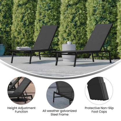 EMMA + OLIVER Braelin Adjustable Patio Chaise Lounge - Black Textilene Seat - Armless Design - 5 Recline Positions - Metal Frame - All-Weather - Set of 2