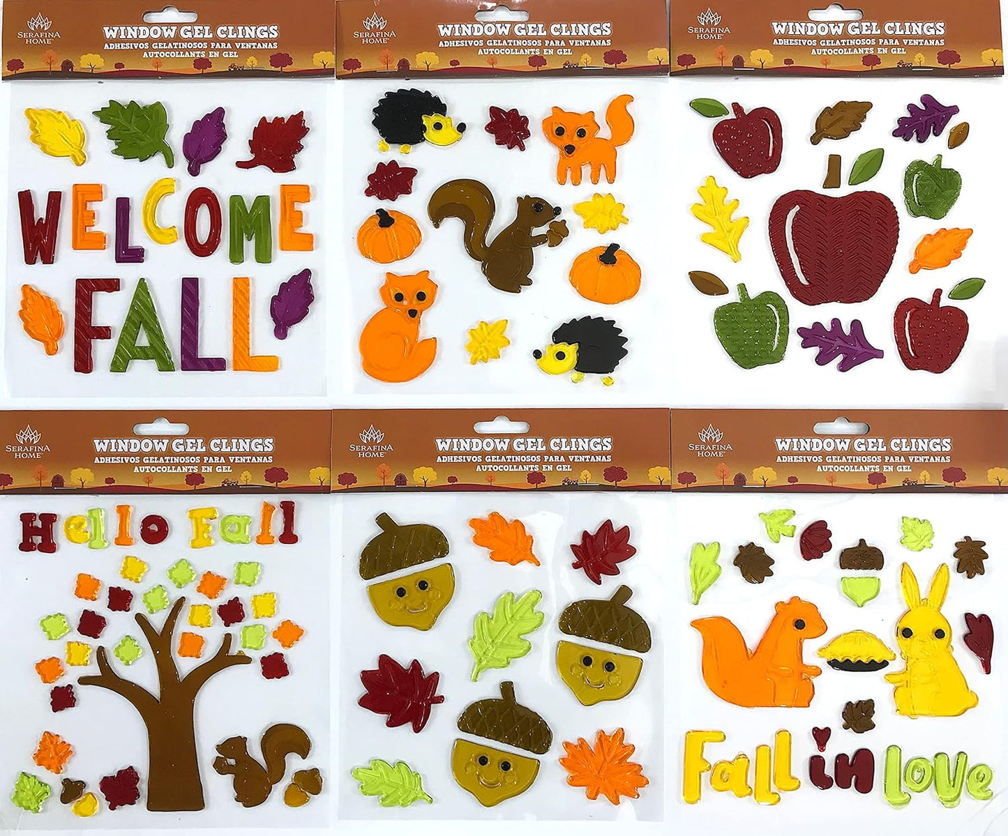 Fall Gel Cling Stickers for Windows and Mirrors, 6 Sheets of Reusable Seasonal Designs