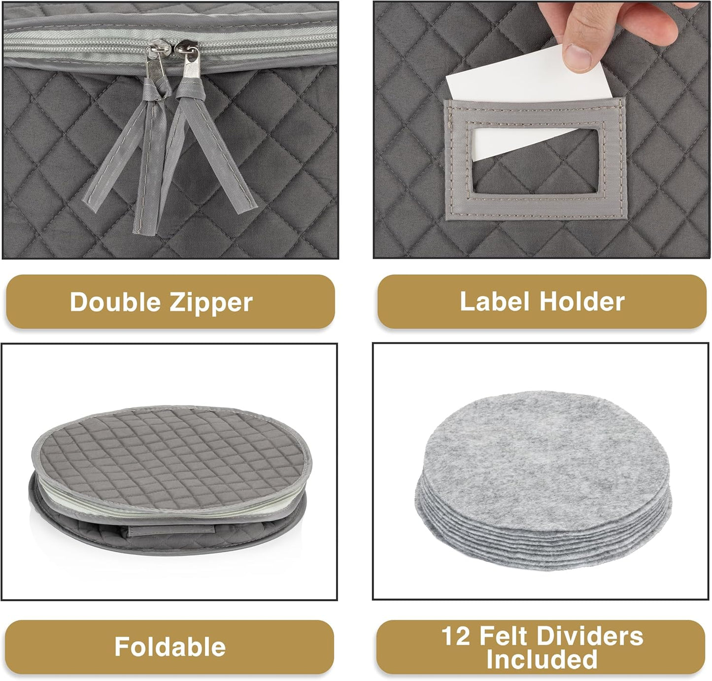 Gray China Storage Case for Salad Plates, 10" W x 6" H, Includes 12 Felt Separators, Stackable with Padded Interior