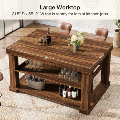 Tribesigns 55" Kitchen Island with Seating and Storage, 3-Tier Farmhouse Wood Stationary Island Table with Large Worktop & Leg Room, Coffee Bar Table with Storage Shelves for Kitchen, Dark Brown