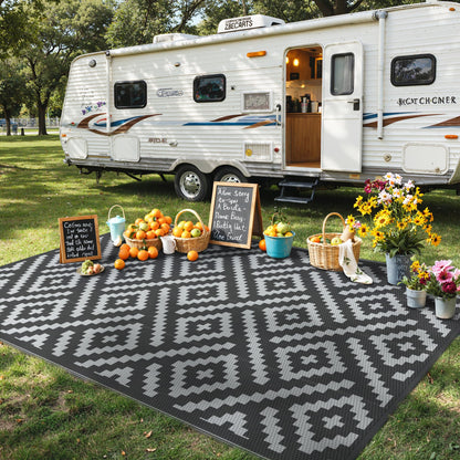 GENIMO Outdoor Rug for Patio Clearance,5'x8' Waterproof Mat,Reversible Plastic Camping Rugs,Rv,Porch,Deck,Camper,Balcony,Backyard,Black & Gray