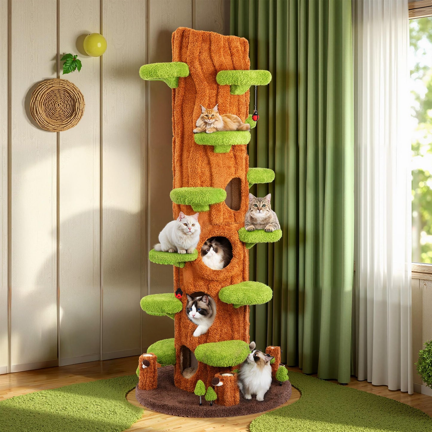 NUNU LAB 90.5 Inch Tall Cat Tree - Large Magic Forest Cat Tree Tower with Sisal Scratching Posts, Side Hideout & Platforms, Multi-Level Solid Wood Cat Condo with for Multi-Cat Homes (Large Green)
