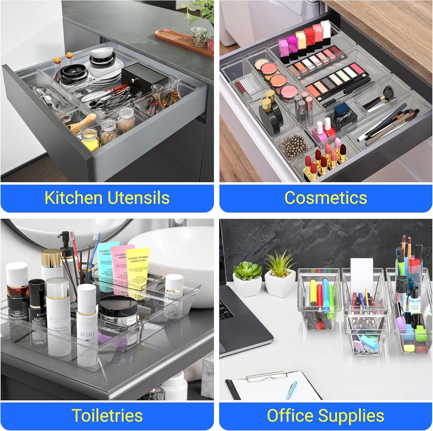Yan & Hin Set of 25 Stackable Non-Slip Acrylic Organizers, 4 Sizes for Makeup Tray, Kitchen Drawer, Desk Drawer