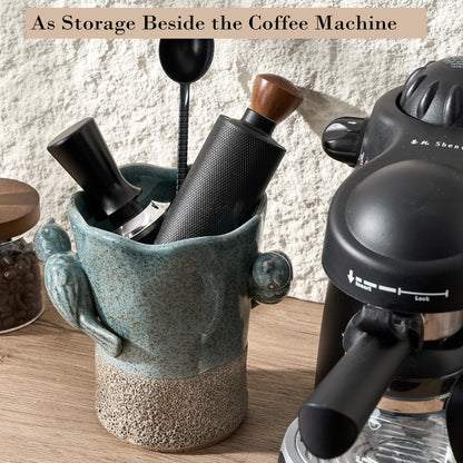 6.38“H Utensil Holder for Kitchen Counter, Modern Farmhouse Cooking Utensil Holder and Crock Home Kitchen Decor, Ceramic Utensil Organizer for Spatula, Ladle, Eggbeater, Rolling Pin- Blue and Brown