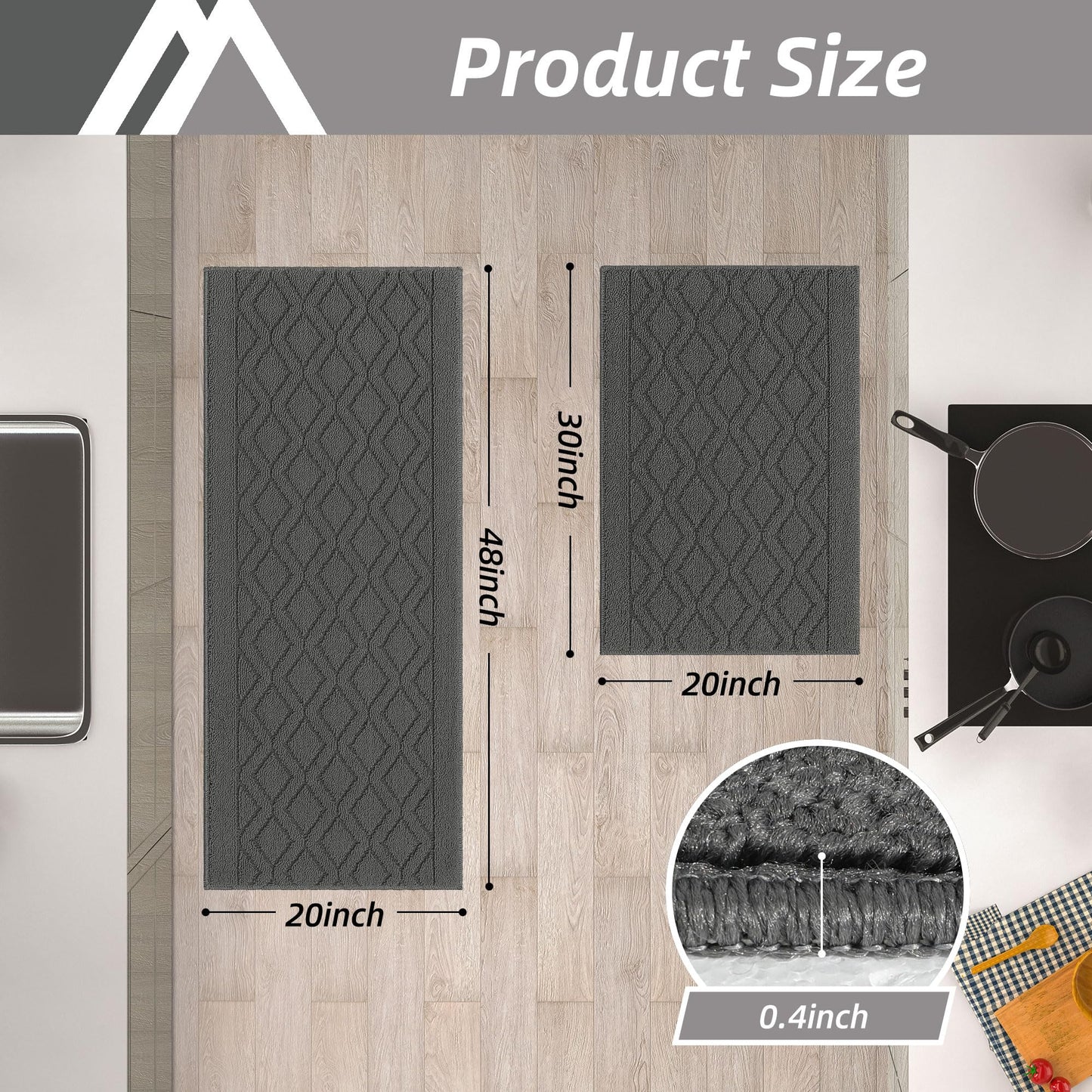 COSY HOMEER 48x20 Inch/30X20 Inch Kitchen Rug Mats Made of 100% Polypropylene 2 Pieces Soft Kitchen Mat Specialized in Anti Slippery and Machine Washable (Grey)