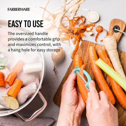 Farberware Pro2 Euro Vegetable Peeler with Ergonomic Handle, Razor-Sharp Stainless Steel Swivel Blade, Dishwasher Safe - Aqua Sky, Peelers for Kitchen Use on Potatoes, Fruits, and More