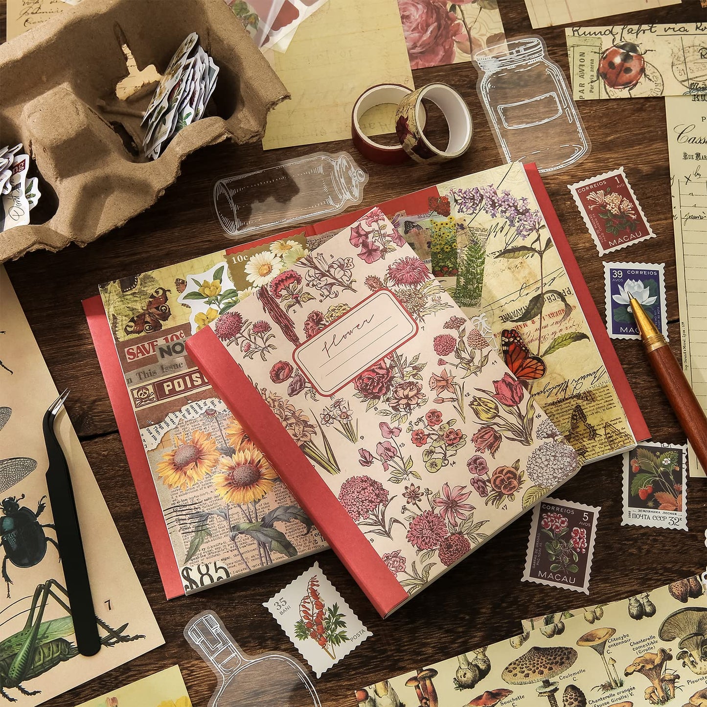emmoolife Vintage Aesthetic Scrapbooking Supplies Kit, Flowers Botanical Bullet Junk Journal Kit with Journaling Supplies, Tweezers, A6 Grid Notebook,Stationery,Sticker, Birthday Craft Gift for Adult