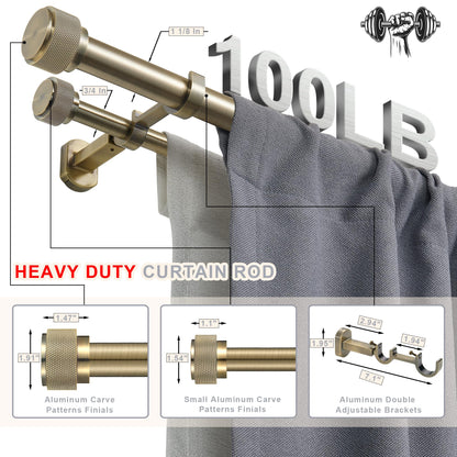 1-1/8 inch Double Curtain Rod - Premium Nonadjustable 144in/12ft Drapery Rods - Heavy Duty Dual Curtain Rods for Windows - Aluminum Finials & Adjustable Concealed Mounting Bracket - Antique Bronze