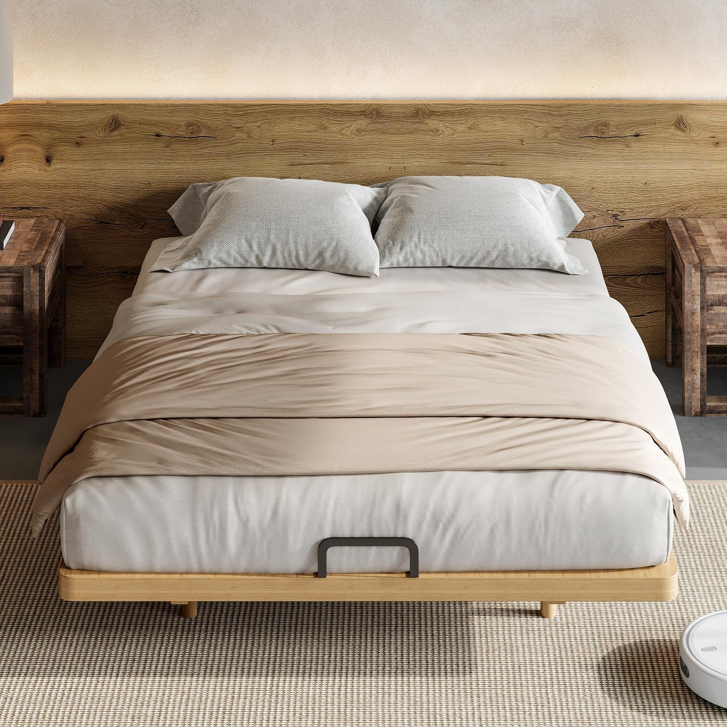 KEIKI Queen Size Bamboo Platform Bed, Mid-Century Modern Style Floating Bed Frame with Wooden Solid Support Slats, No Box Spring Needed, Easy Assembly, Noise Free, for Bedroom, Guest Rooms, Natural