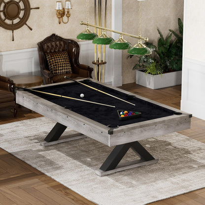 KEIKI 7FT Pool Table with Billiard Balls, Cues, Pool Cue Chalk, Cleaning Brush, X-Legs, Black Cloth, Rustic Grey