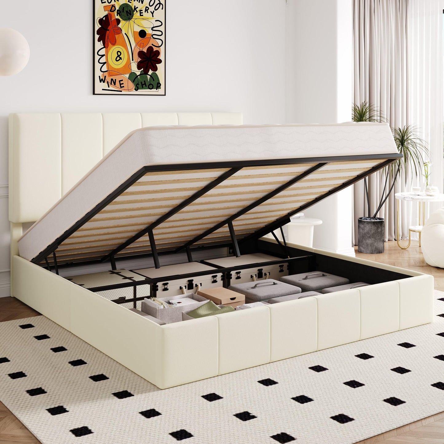 Allewie King Size Velvet Lift Up Storage Bed Frame, Vertical Channel Tufted Headboard, Hydrualic Underneath Storage, Upholstered Platform Bed, Wooden Slats Support, No Box Spring Needed, Cream