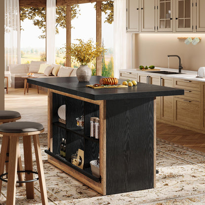Tribesigns Kitchen Island with Storage, Counter Height Kitchen Island Table with 6 Open Cubbies and Footrests, Coffee Bar Table for Dining Room, Black&Brown