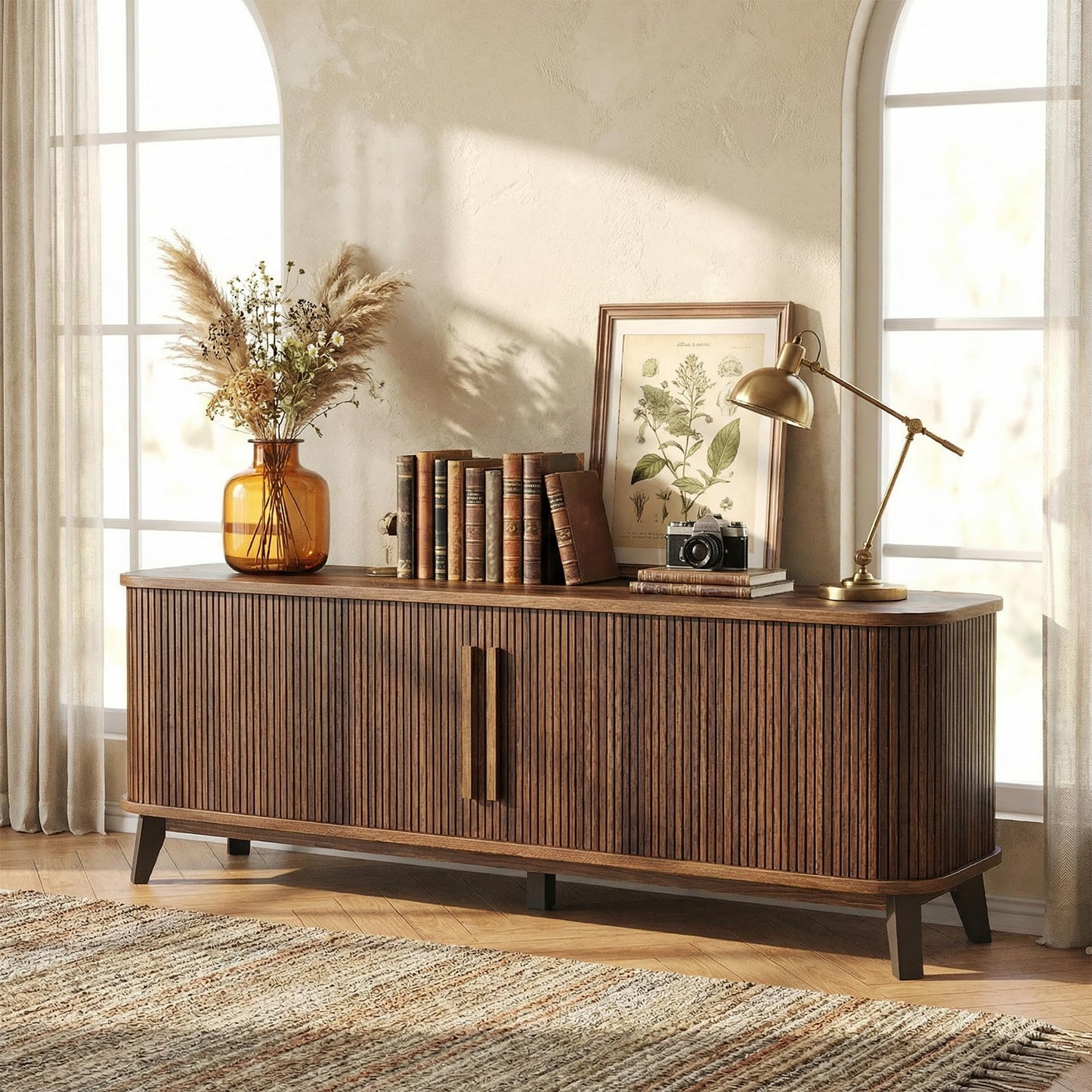 66" Mid Century Modern TV Stand, Wood Curved Entertainment Center for TVs up to 80" with Sliding Doors & Adjustable Shelves, Media Console with Storage & Solid Wood Leg for Living Room, Walnut