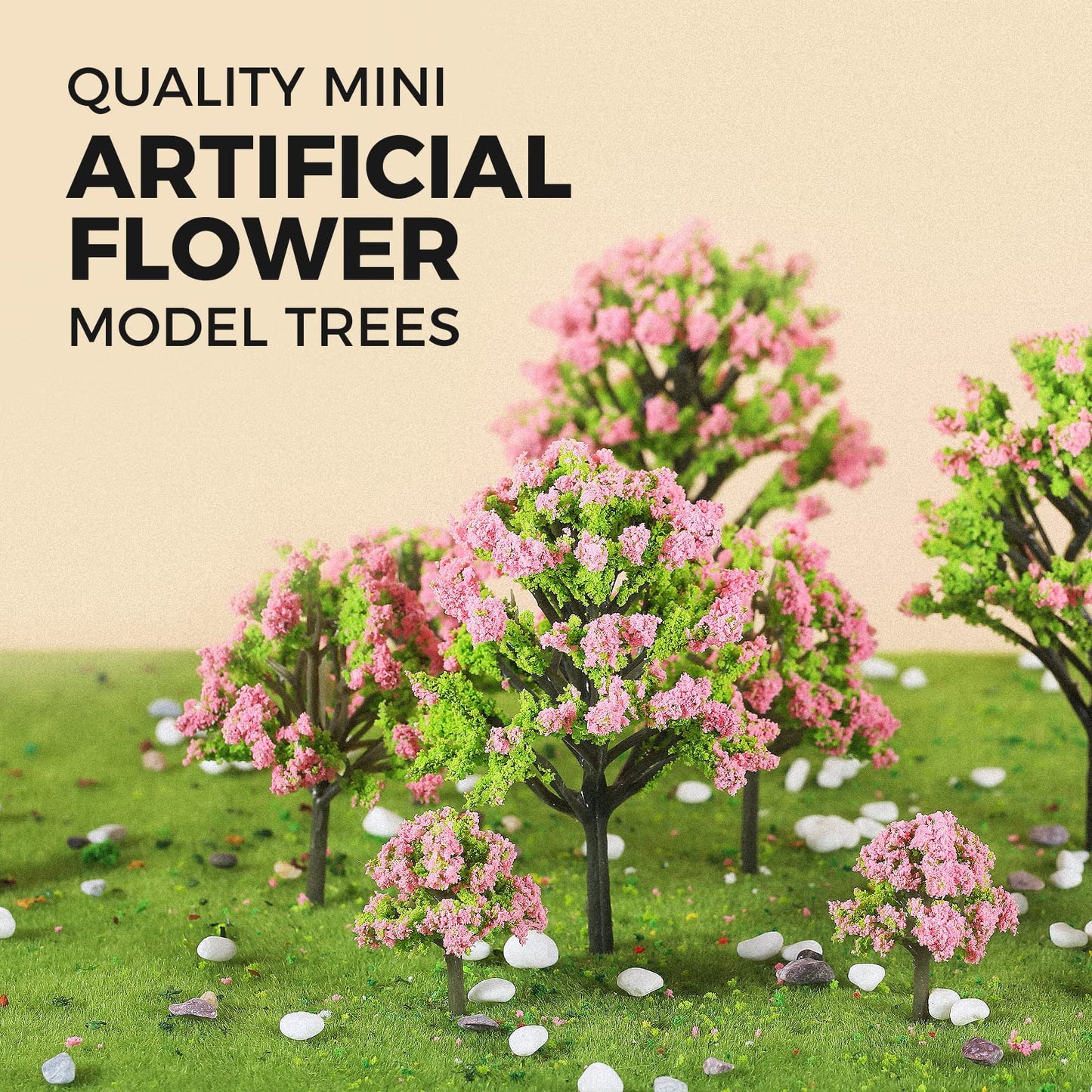 Yetaha 10 Pcs Pink Flower Model Trees, Miniature Fairy Garden Tree Plants Ornament Mini Artificial Flower Tree for Architecture Model Railway Train Scenery Moss Bonsai Micro Landscape Dollhouse Decor