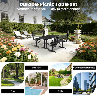 Sunnibety 4FT Metal Picnic Tables for Outdoors, Commercial Rectangular Picnic Table for Outside, Park, Campfield, Patio, Garden, Yard, Thermoplastic Coating, Surface Mounted, Black