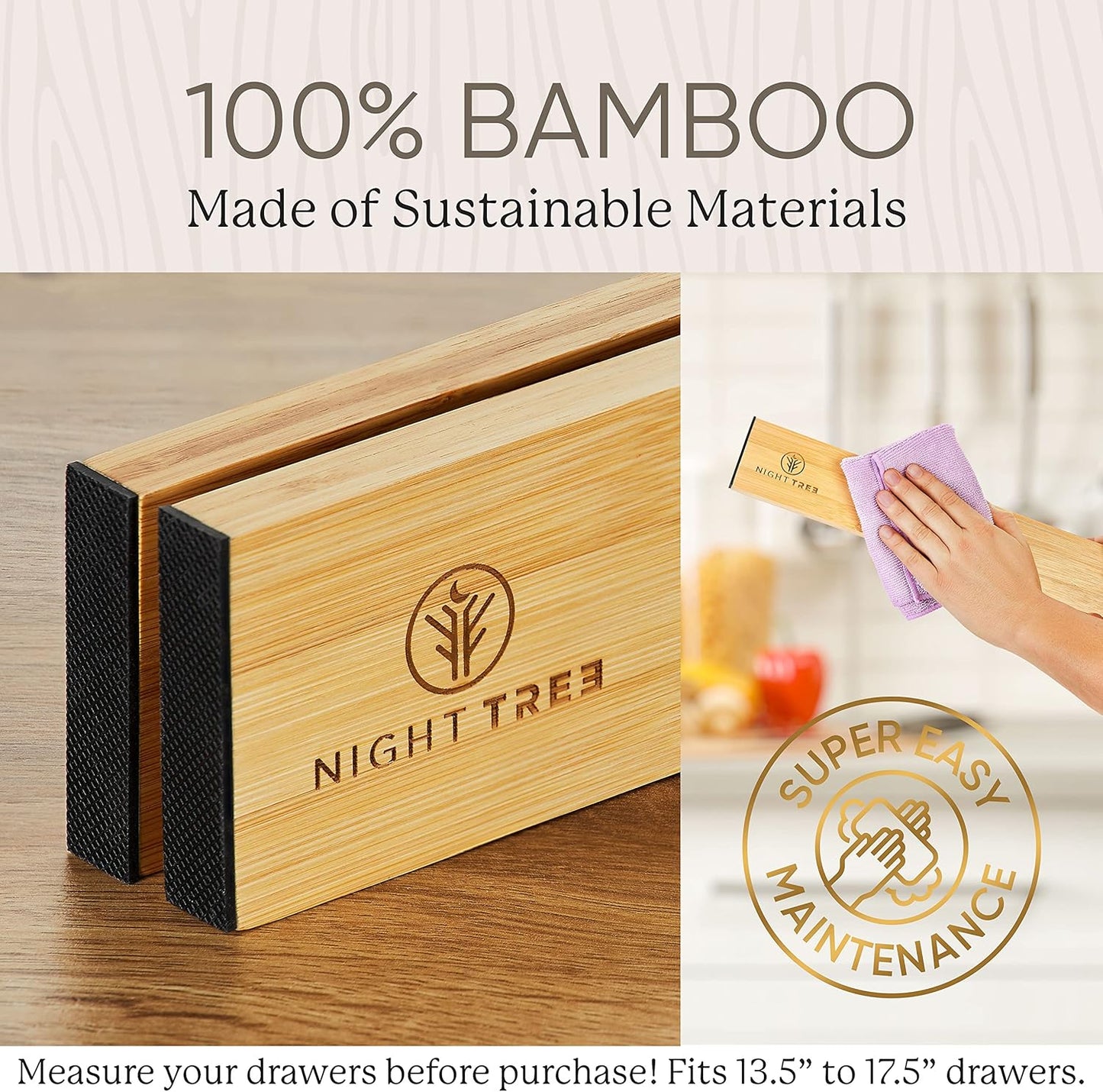 Expandable Bamboo Drawer Dividers - Wooden Organizers for Clothes, Kitchen Utensils, Bathroom, Dresser [13.5" - 17.5"]