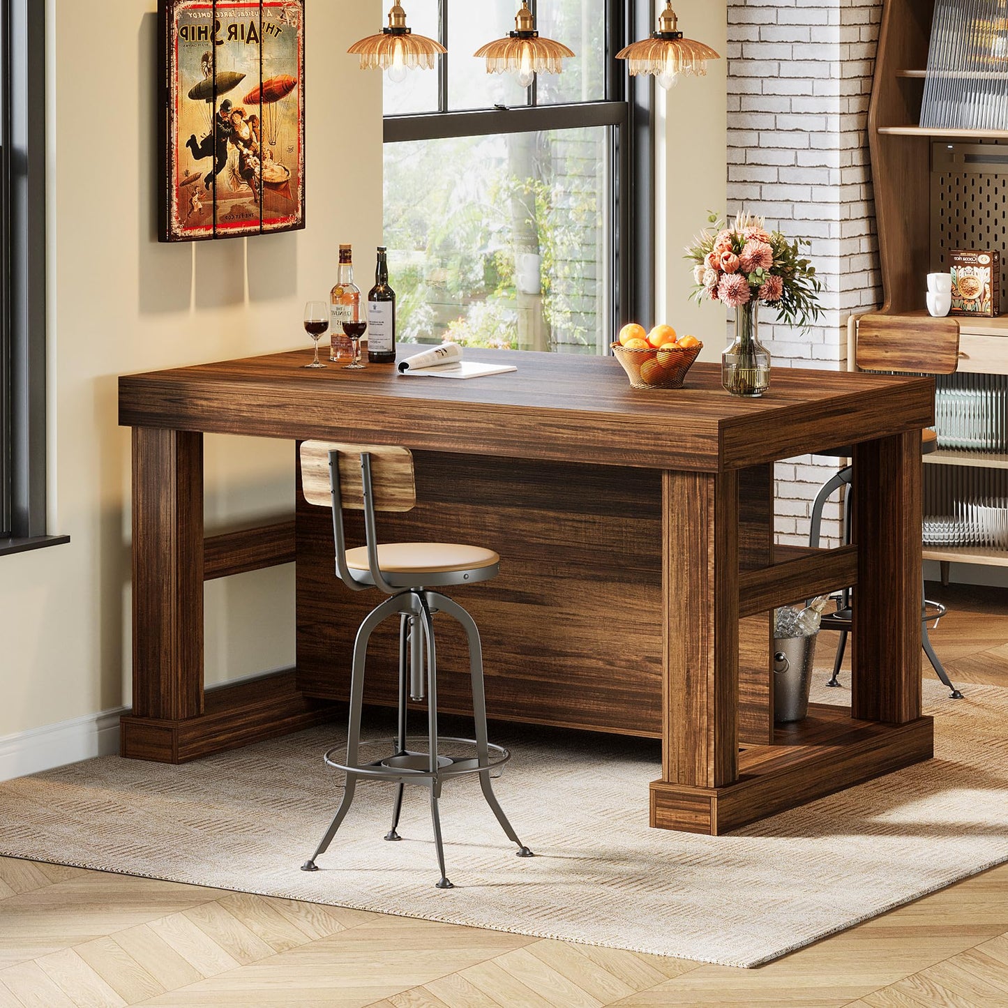 Tribesigns 55" Kitchen Island with Seating and Storage, 3-Tier Farmhouse Wood Stationary Island Table with Large Worktop & Leg Room, Coffee Bar Table with Storage Shelves for Kitchen, Dark Brown