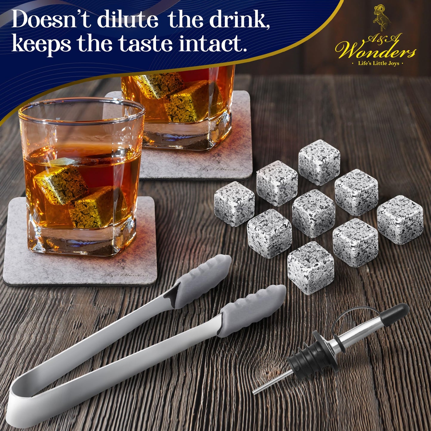 A&A Wonders Premium Whiskey Stones 100% Natural Granite Set of 9 Chilling Rocks Stone Reusable Ice Cubes for Drinks with Velvet Carrying Pouch, Gift for Whiskey Lovers (9 Cubes)