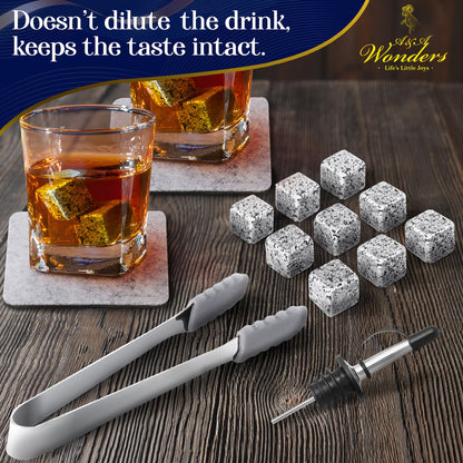 A&A Wonders Premium Whiskey Stones 100% Natural Granite Set of 9 Chilling Rocks Stone Reusable Ice Cubes for Drinks with Velvet Carrying Pouch, Gift for Whiskey Lovers (9 Cubes)
