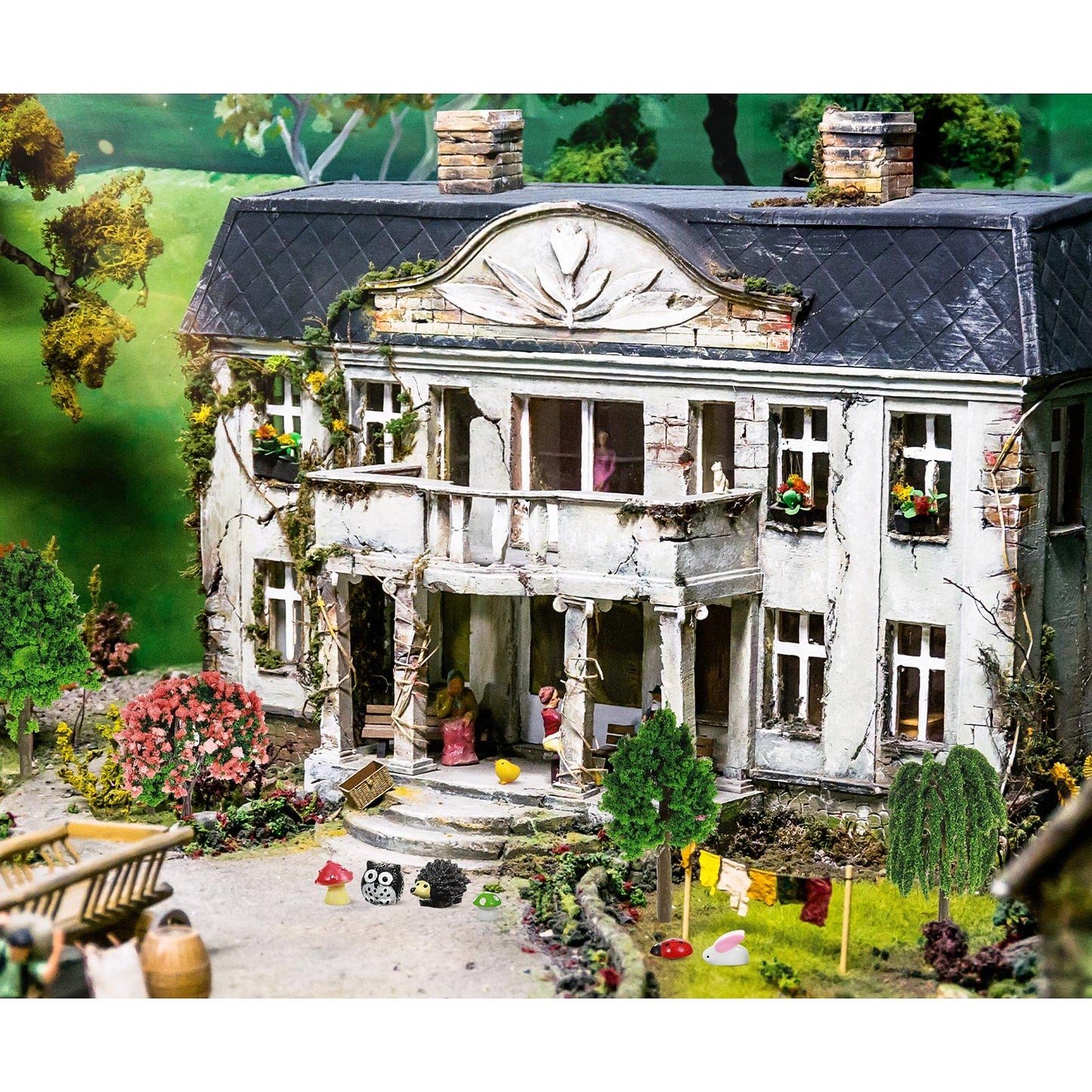 Hoteam 72 Pcs Miniature Garden Accessories Mini Moss Garden Animals Rabbit Owl Miniature Figurines Fake Diorama Trees Natural Outdoor Sheet for DIY Fairy Craft Decor