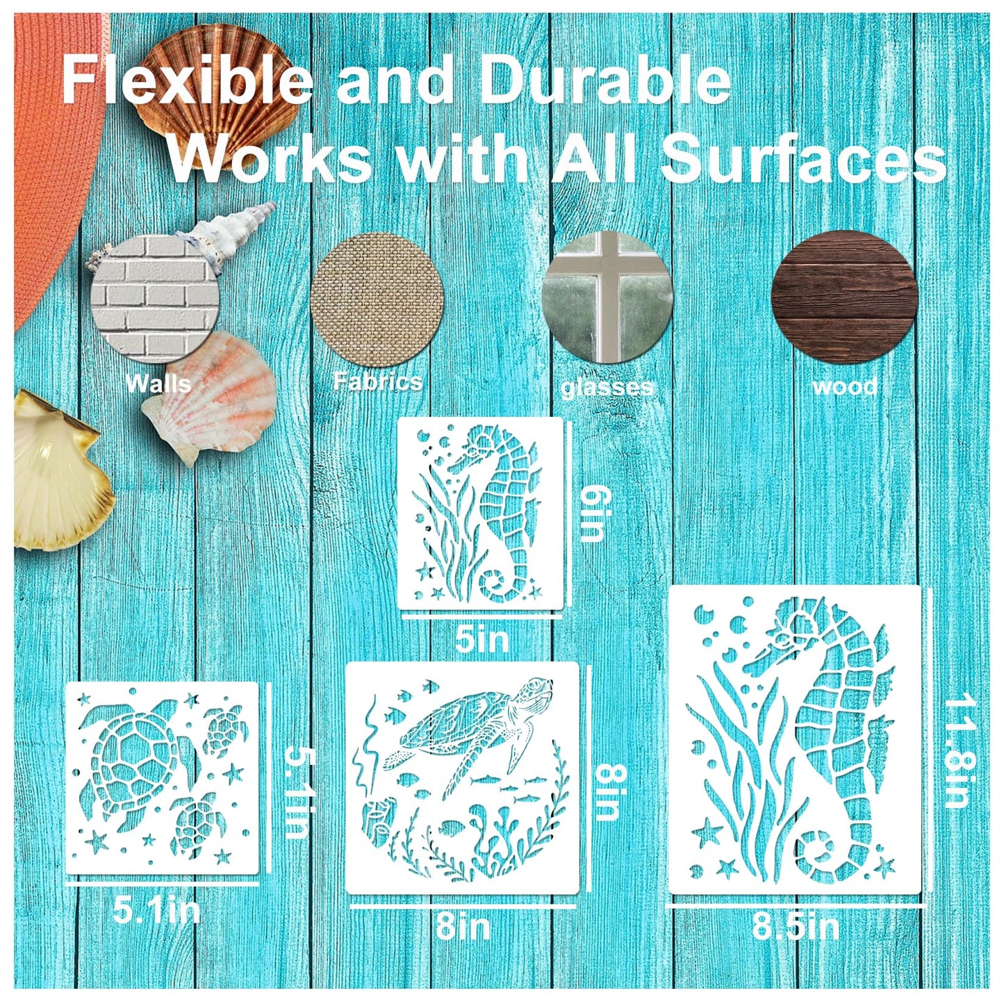 Ocean Stencils for Painting On Wood Turtle Seahorse Starfish Jellyfish Templates for Art Crafts Plastic Reusable Wood Burning Stencils for Wall Canvas (Sea)