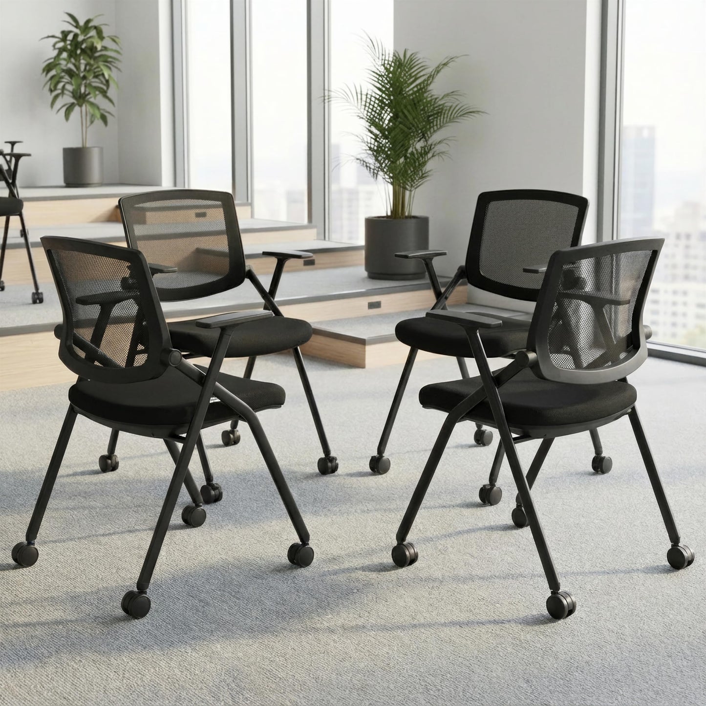 BROBRIYO, 4 Pack Stackable Conference Room Chairs with Wheels and Paddle, Ergonomic Mesh Back and Arms for Meeting, Conference, Reception, Training Room & Home Office Desk Folding Chairs (2 Boxes)