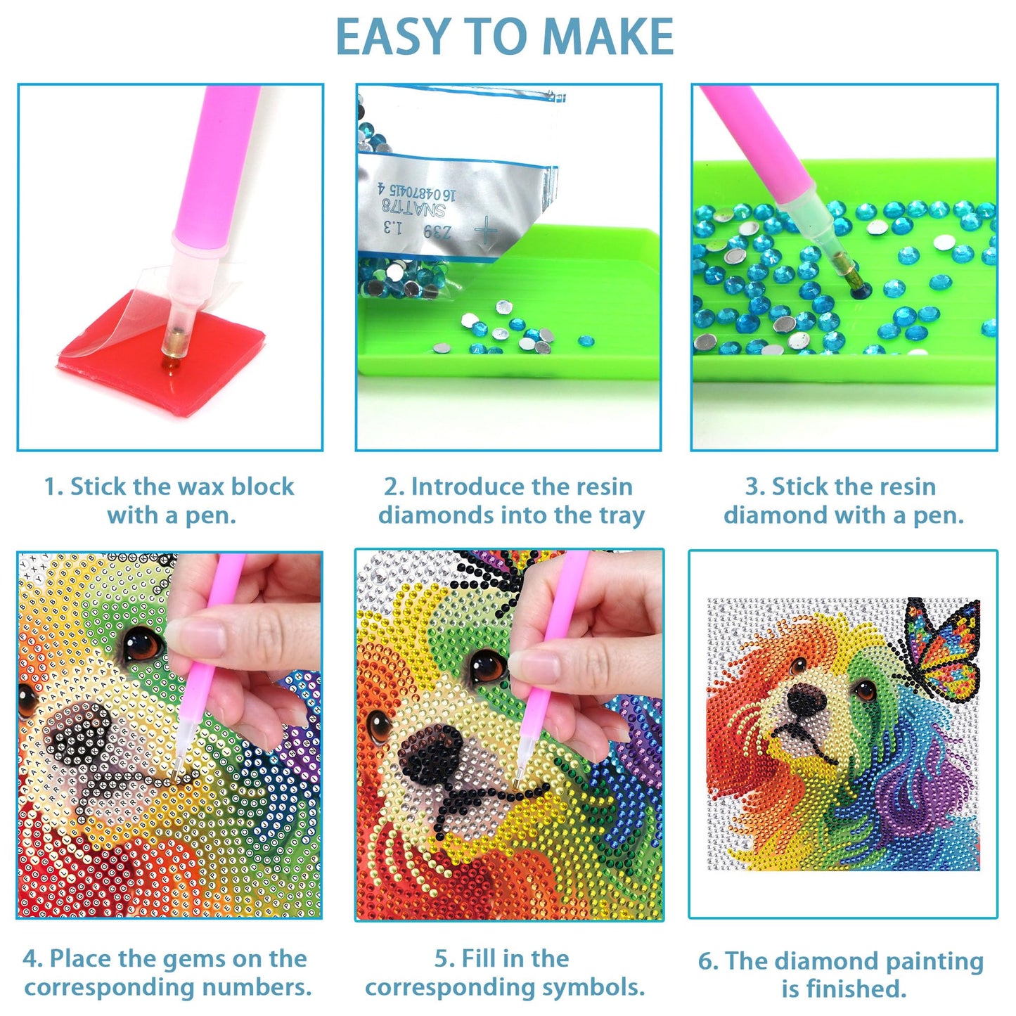 geesfayan 4 Pack Diamond Art Kit for Kids 6 Inch DIY Animal Gem Art with 4 Tools Sets, Gem Painting for Beginners, Creative Craft Gift for Teens & Kids（cat Dog）