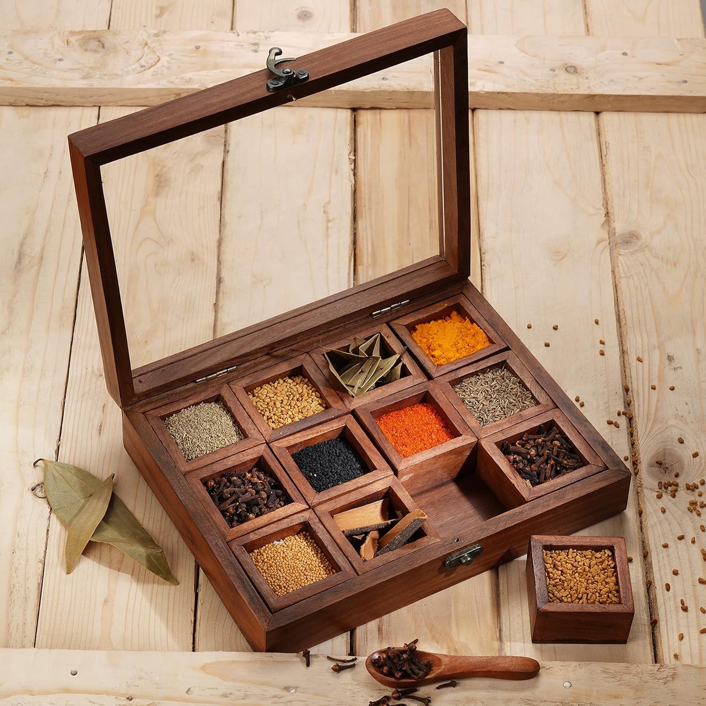 12 1 Ajuny Wooden Spice Box - Masala Dabba Organizer with Glass Lid on Top, Removable Compartments and Designer Spoon