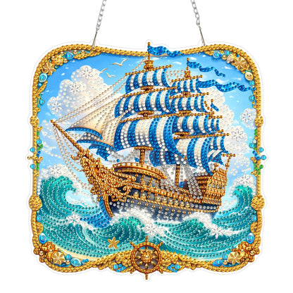 Yunzlly DIY Hanging Diamond Art Pendant Kit, Special Crystal Double Sided Diamonds Painting Ornament Kit for Adults, Acrylic Gem Painting Board for Window&Door&Wall (Sea Sailboat)
