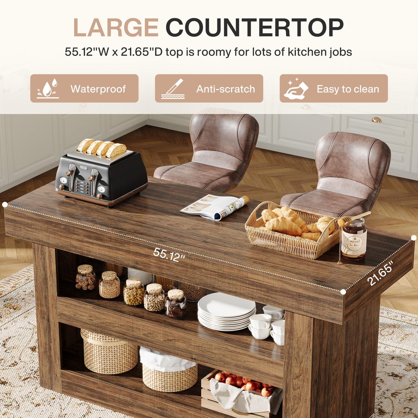 Tribesigns 55-Inch Kitchen Island with Storage, Farmhouse 3-Tier Stationary Island Table with Large Countertop, Wooden Coffee Bar Table Storage Cabinet for Kitchen, Dining Room, Living Room, Brown