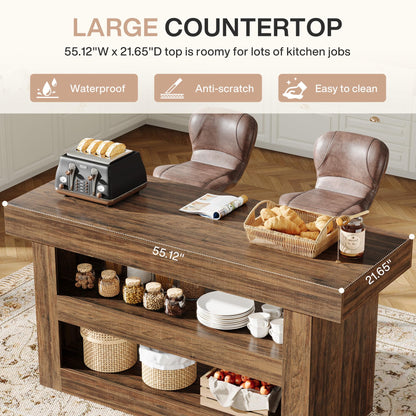 Tribesigns 55-Inch Kitchen Island with Storage, Farmhouse 3-Tier Stationary Island Table with Large Countertop, Wooden Coffee Bar Table Storage Cabinet for Kitchen, Dining Room, Living Room, Brown
