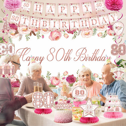 Vlipoeasn 80th Birthday Decorations - Rose Gold Backdrop Banner, Cake Topper & Honeycomb Swirls