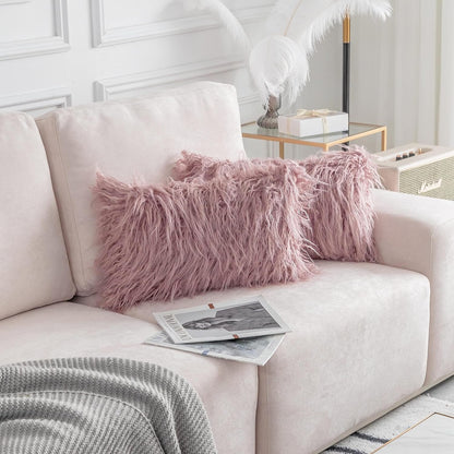 12 20 Set 2 30x50cm, Home Brilliant x Pillow Cover of Shaggy Rectangle Lumbar Throw Pillows Blush Faux Fur Accent