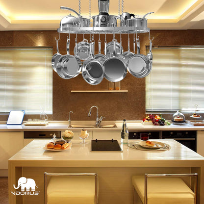Vdomus Hanging Pot Rack - Ceiling Mount Kitchen Organizer for Pots and Pans with 15 Hooks - 33 x 17 Inches Heavy-Duty, Durable and Space-Saving Pan Holder - Silver