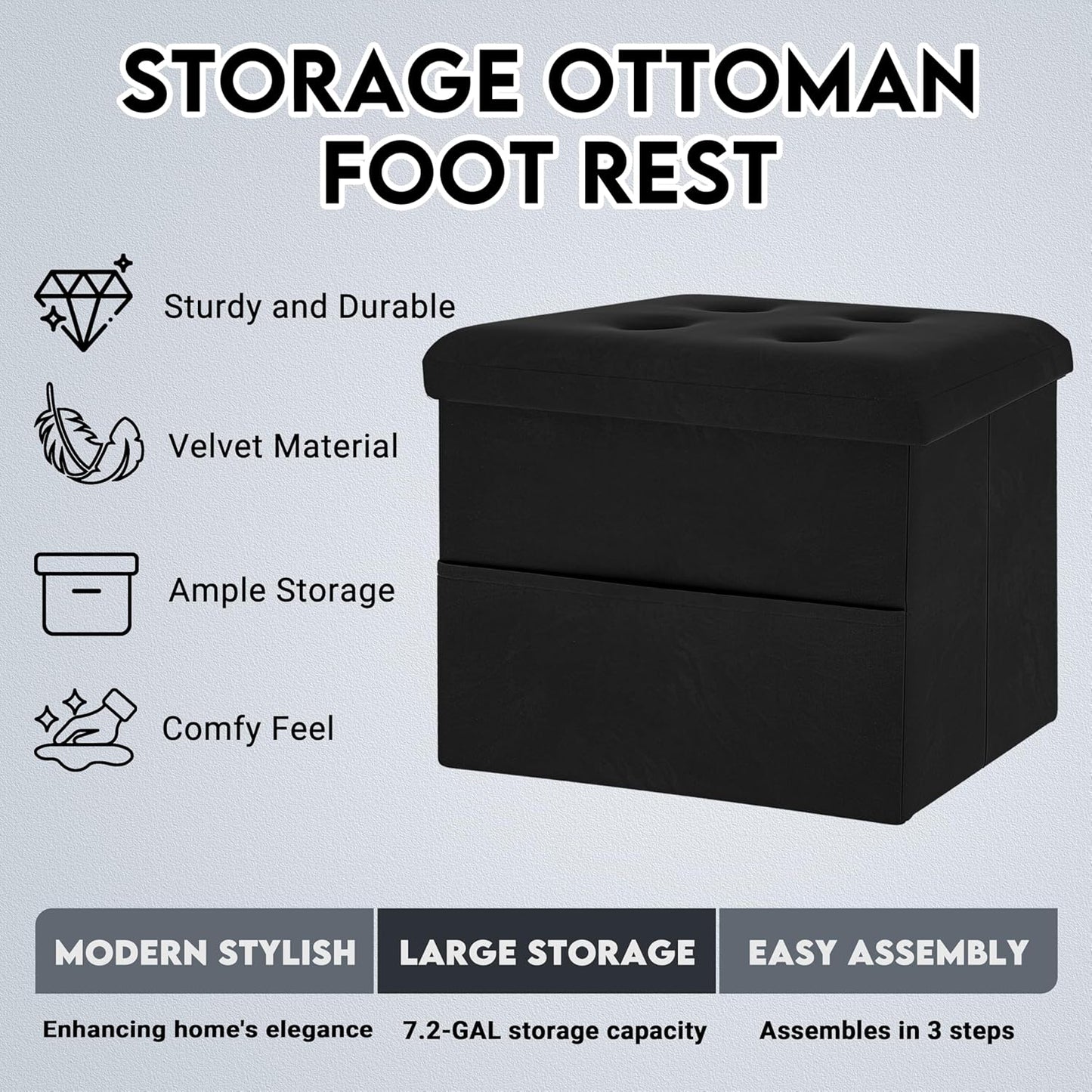 16"x12"x12" Zoes Homeware Small Storage Ottoman Foot Rest, Velvet Ottoman with Storage and Side Pocket, Black Foot Rest