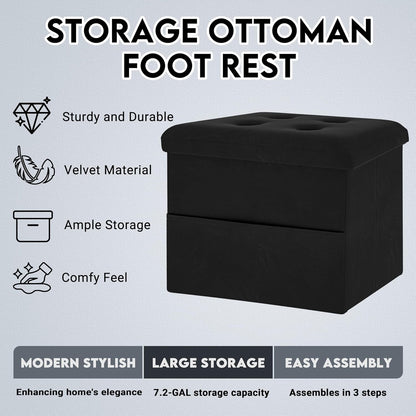 16"x12"x12" Zoes Homeware Small Storage Ottoman Foot Rest, Velvet Ottoman with Storage and Side Pocket, Black Foot Rest