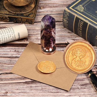 Cheungshing Amethyst Crystal Hexagon Prism Wax Seal Stamp, Detachable Vintage Copper Seals for Invitation Cards for Christmas Halloween Thanksgiving Gift, Twin Symbiotic Tree of Life Pattern