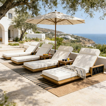 Merax Acacia Wood Patio Chaise Lounge Set of 4, Outdoor Reclining Chairs with 4-Position Adjustable Backrest, 4-Piece Sunbathing Recliner & 4" Thick Four-fold Cushion for Poolside, Garden, Cream